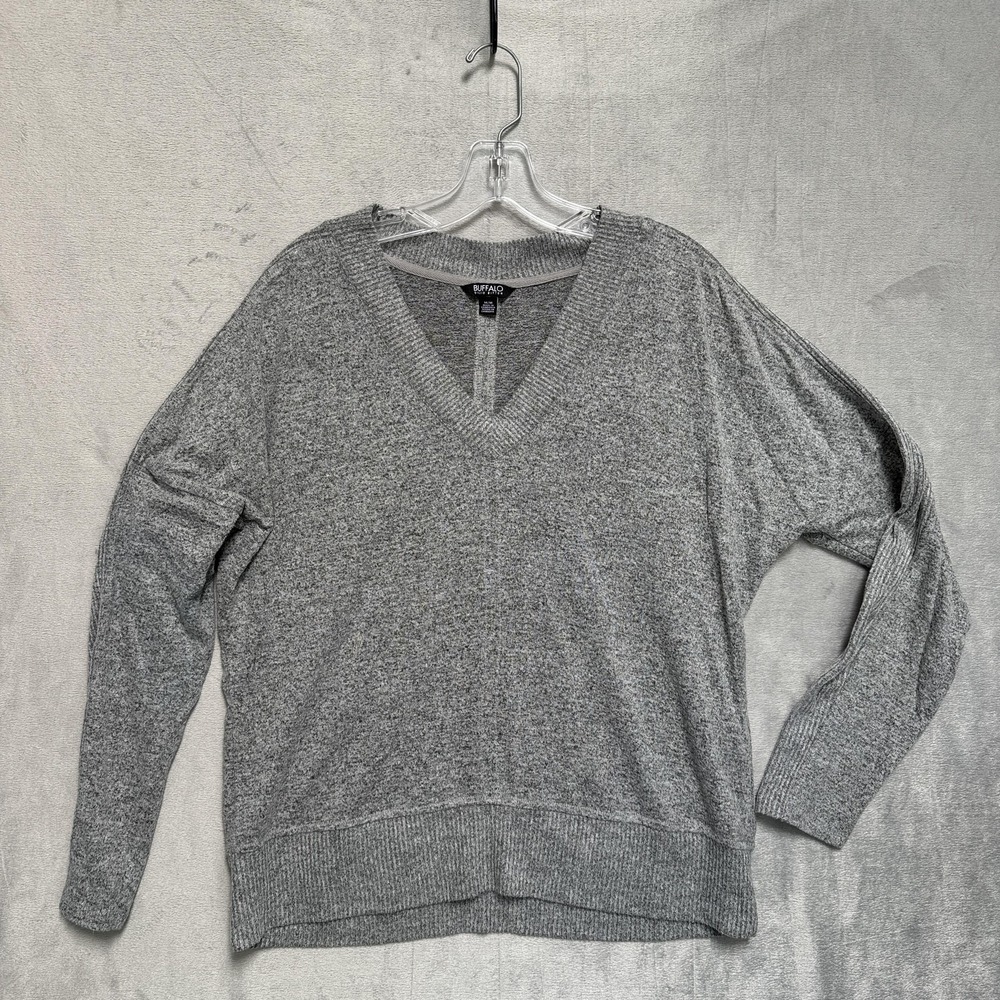Buffalo David Bitton Sweater Womens Medium Gray V‎ Neck Raglan Knit Pullover